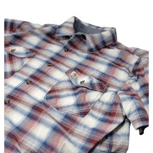 Carhartt Relaxed Fit Button‎ Up Shirt Plaid 2 Pocket Size XL Men's Burgandy Blue